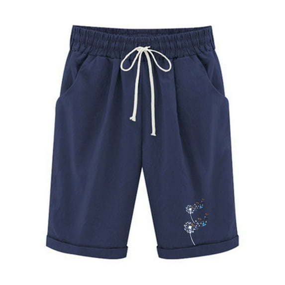 FAVIPT Women's High Waisted Bermuda Shorts Cute Print Casual Fashion Shorts Drawstring Knee Length Linen Shorts with Pockets Summer 2025 Shorts Navy,XL