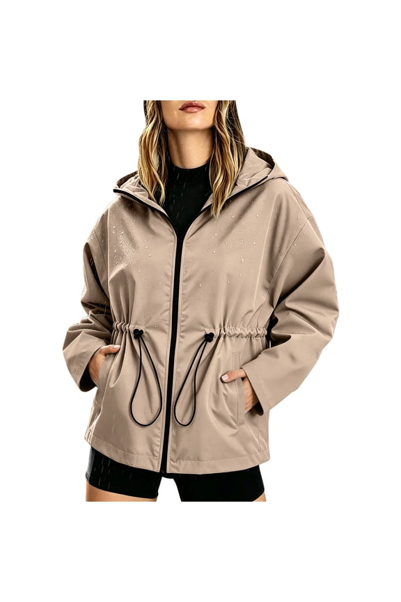 Women's Hiking Jackets Cinch Waist Pockets Zip Up Hooded Jackets Waterproof Windproof Outdoor Camping Caving Raincoat 2026 Khaki,M