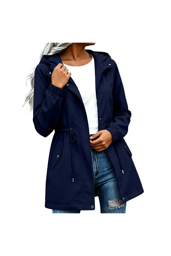 Women's Hiking Jackets Waterproof Windbreaker Full Zip Pockets Raincoats Cinch Waist Lightweight Outdoor Summer Outerwear Navy,S