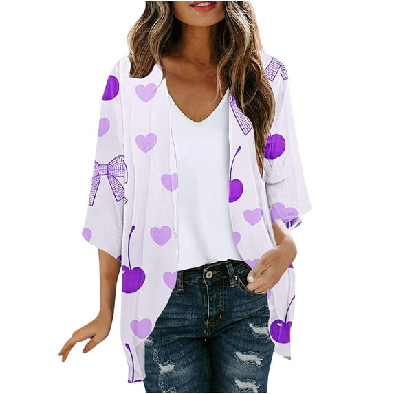 FAVIPT Women's Kimono Cardigan Casual Loose Summer 2025 Shirts 3/4 Puff Sleeve Chiffon Cover Up Blouses Retro Printed Flowy Lightweight Tops Purple,S