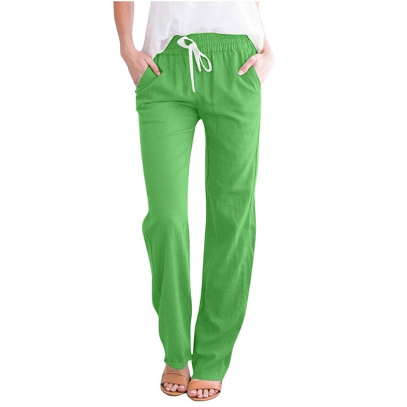 FAVIPT Women's Linen Pants Casual High Waist Drawstring Pant Loose Fit Summer Straight Leg Trousers with Side Pockets 2025 Green,S