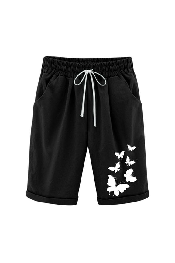 Women's Linen Shorts Plus Size,Bermuda Shorts for Women Knee Length Long Cotton Sweat Knit Shorts Pull On Walking Lounge Shorts with Pocket,Black,XXXL