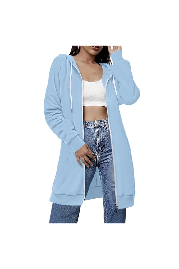 Women's Long Fleece Hoodie Jackets Raglan Long Sleeve Zip Up Pockets Sweatshirts Drawstring Fall Winter Outerwear 2026 Light Blue,XL