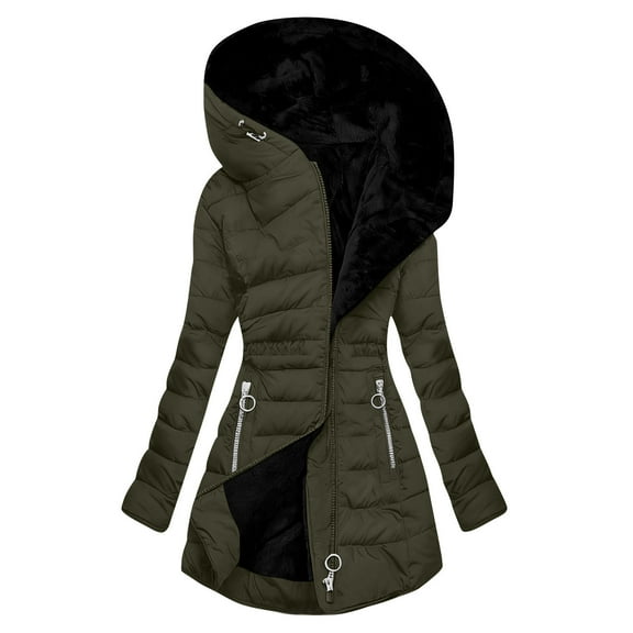FAVIPT Women's Long Puffer Jacket Fleece Lined Padded Hooded Coats Zip Up Thicken Parkas Outfits Casual Winter Warm Outerwear Army Green,L