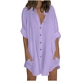 thumbnail image 1 of FAVIPT Women's Long Sleeve Cotton Linen Top Roll Up Stand Collar Button Down Shirts Oversized Casual Summer Dressy Blouses with Pockets Purple,XL, 1 of 5