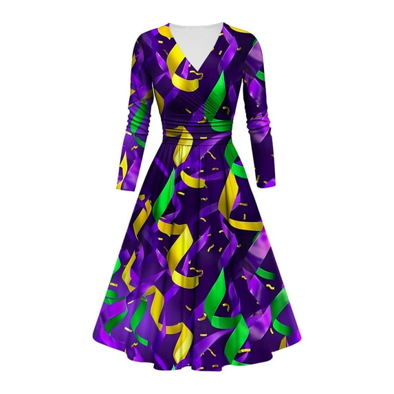 FAVIPT Women's Mardi Gras Dress Carnival Printed Long Sleeved V-Neck Swing Dress Fashion Mask Graphic Party Evening Dresses 2025 Multicolor,S
