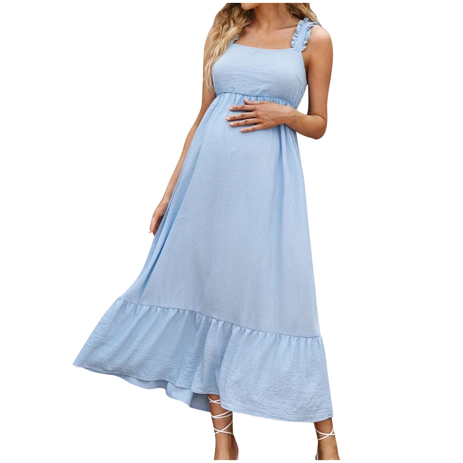 FAVIPT Women's Maternity Dress Summer Tiered Ruffle Sleeveless Square Neck Pregnant Dress Solid Flowy Tie Back Pregnancy Dress Light Blue,S
