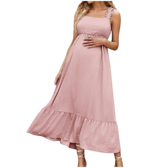 FAVIPT Women's Maternity Dress Summer Tiered Ruffle Sleeveless Square Neck Pregnant Dress Solid Flowy Tie Back Pregnancy Dress Pink,M
