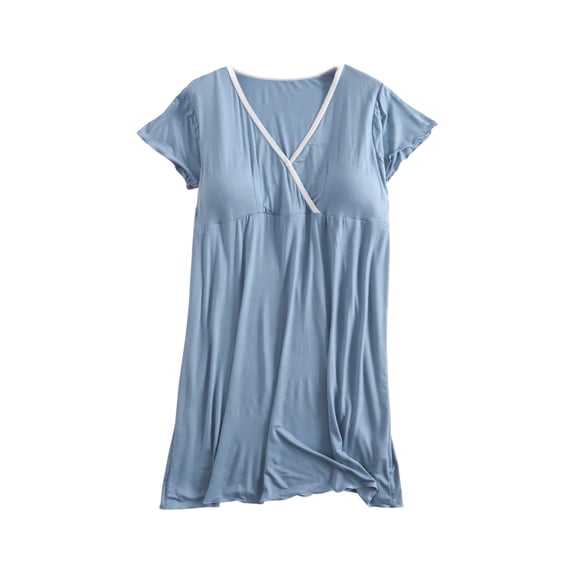 FAVIPT Women's Maternity Dresses Modal Ruffled Short Sleeve Wrap V-Neck Breastfeeding Dress Casual Soft Pregnant Pajamas Dress Light Blue,L
