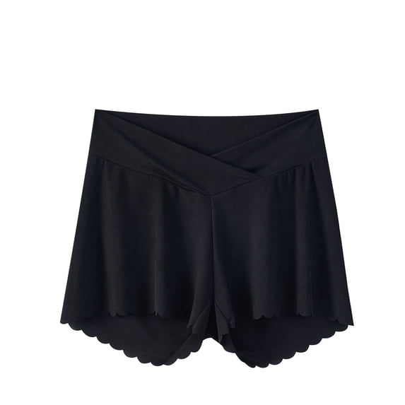 FAVIPT Women's Maternity Shorts Cross Waist Adjustable Ruffled Hem Shorts Lightweight Anti-Chafing Wide Leg Short Pants Black,L