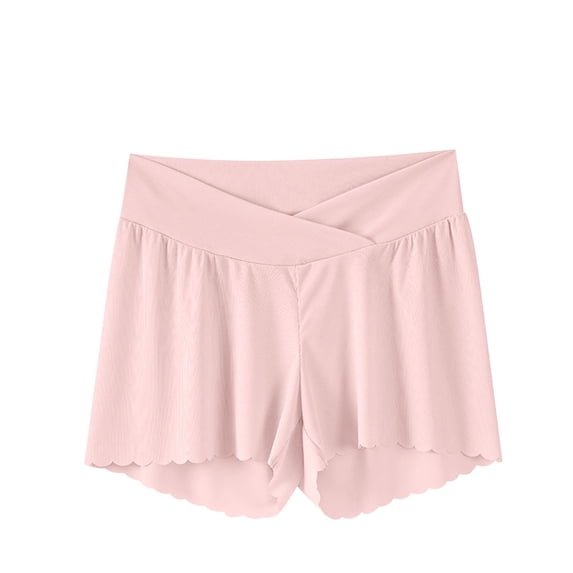 FAVIPT Women's Maternity Shorts Cross Waist Adjustable Ruffled Hem Shorts Lightweight Anti-Chafing Wide Leg Short Pants Pink,S
