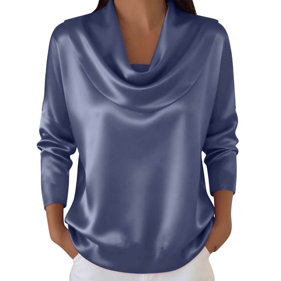 FAVIPT Women’s Office Work Blouse Ruched Long Sleeve Drape tops Silk Satin Cowl Neck Elegant Dressy Shirts Navy,XL
