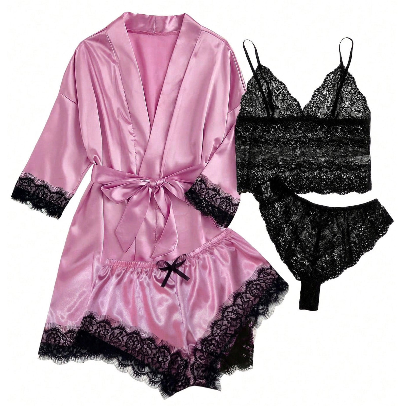 FAVIPT Women's Pajama Satin Sexy Lingerie Robe Set 4Pcs Pjs Silk ...