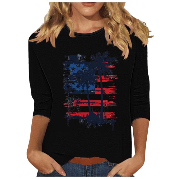 FAVIPT Women's Plus Size Patriotic Tops Casual Loose Summer 2025 Shirts 4th of July Stars and Stripes Print Tees 3/4 Sleeve Round Neck Shirts Black,XXL
