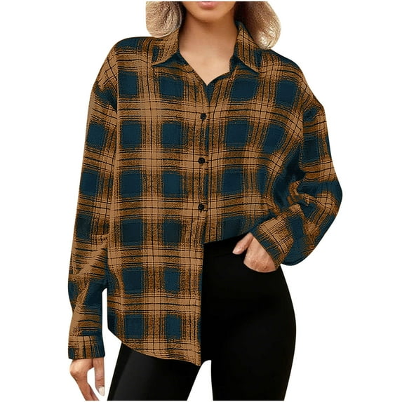 FAVIPT Women's Plus Size Plaid Jacket Long Sleeve Button Down Jacket Lapel Casual Loose Soft Coats 2025 Fall Fashion Outfits for Women Orange,M