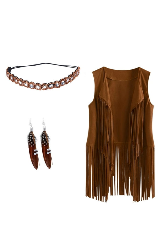 Women's Plus Size Vests Headband Earrings Faux Suede Tank Tops Western Hippie Tassel Cosplay Costume Plain Ethnic Fringe Cardigan Khaki,XXXL