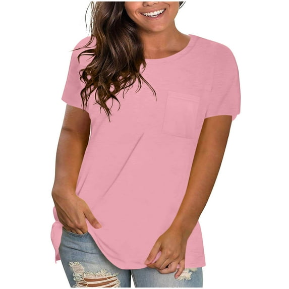 FAVIPT Women's Plus Summer Tops Short Sleeve Plain Crewneck Blouses Workout Yoga Vacation Shirts with Pocket 2025 Tees Pink,L