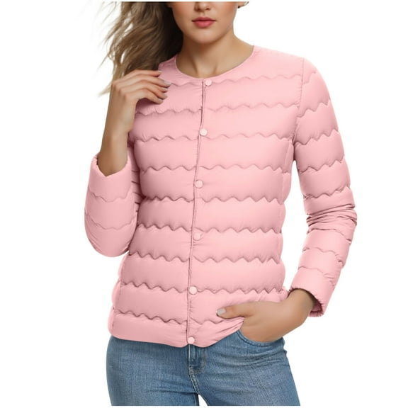 FAVIPT Women's Puffer Jacket Long Sleeve Button Down Quilted Coats Lightweight Collarless Winter Warm Outerwear with Pockets Pink,XXL