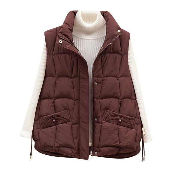 FAVIPT Women's Quilted Puffer Vest Zip Up Stand Collar Coats Sleeveless Padded Drawstring Jacket Lightweight Pockets Outerwear Wine,M