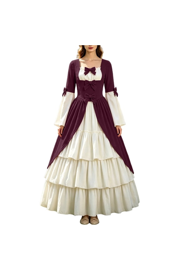 Women's Renaissance Medieval Dress Bow Tie Square Neck A Line Layered Dresses Victorian Cottagecore Halloween Maxi Dress Purple,L