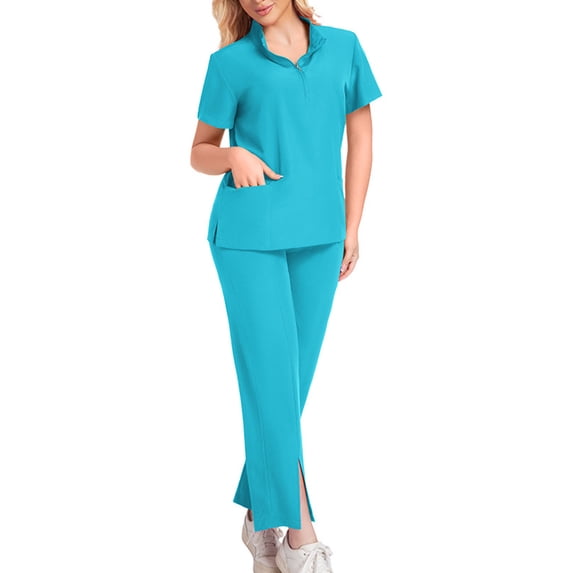 FAVIPT Women's Scrub Set Mock Neck 1/4 Zip Short Sleeve Split Top and Pants Medical Nursing Workwear Uniform Sky Blue,XL