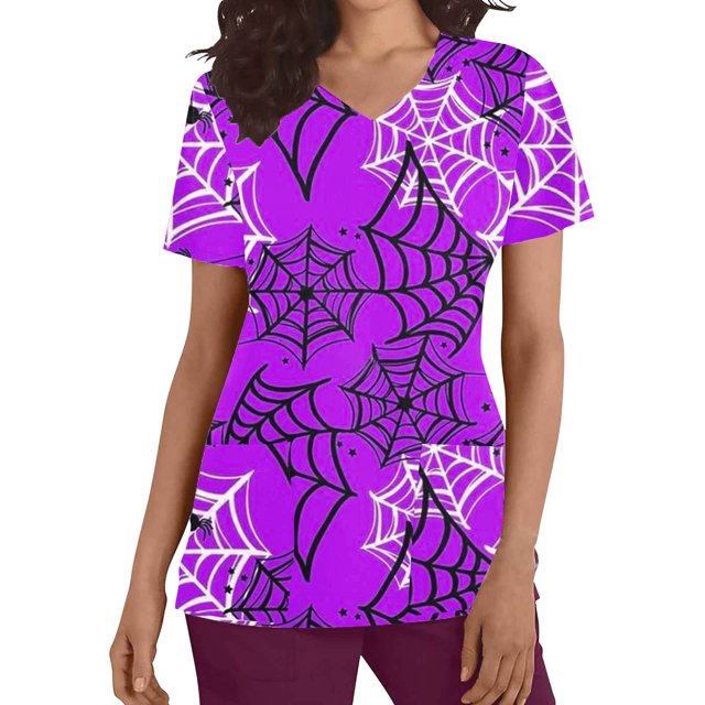 FAVIPT Women's Scrubs Tops With Patterns,Halloween Scrub Tops Women