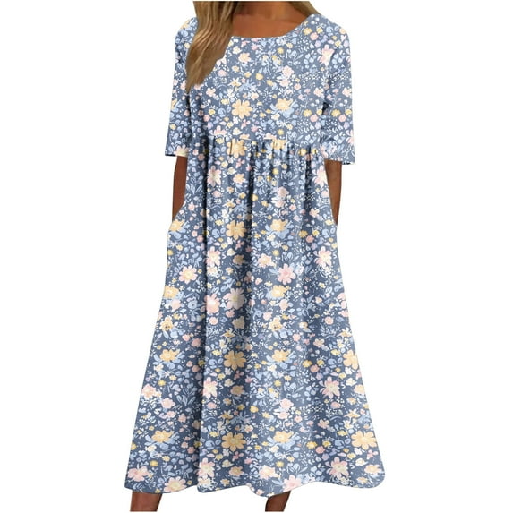 FAVIPT Women's Short Sleeve Maxi Dress Vintage Floral Print Pleated Maxi Dresses Round Neck Plus Size Long Dress with Pockets 2025 Dresses Blue,XXXL
