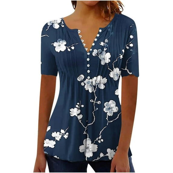 FAVIPT Women's Short Sleeve Shirts Casual Trendy Summer 2025 Blouses V Neck Button Up Loose Shirts Graphic Printed Pleated Soft Tees Multicolor,L
