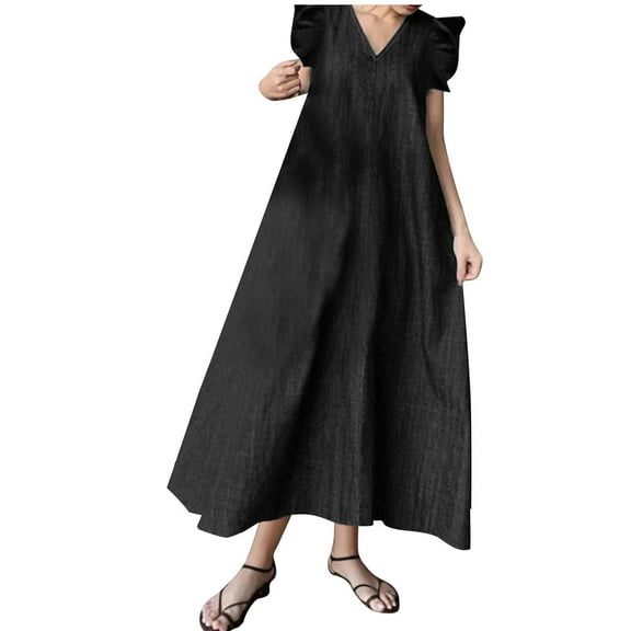 FAVIPT Women's Sleeveless Denim Dresses Casual Fashion Summer 2025 Jean Dresses Ruffle Sleeve V Neck Elegant Dresses Plain Ankle Length Dress Black,XL
