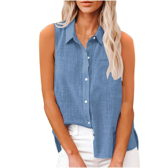 FAVIPT Women's Sleeveless Linen Tops V Neck Button Down Soft Tops Gauze Collared Solid Color Tunic Tees Casual Fashion Summer 2025 Blouses Blue,XL