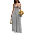 thumbnail image 1 of FAVIPT Women's Sleeveless Maxi Dress Stripes Printed Cocktail Party Sundress Deep V Neck Halter Backless Smocked Dresses Gray,XL, 1 of 8