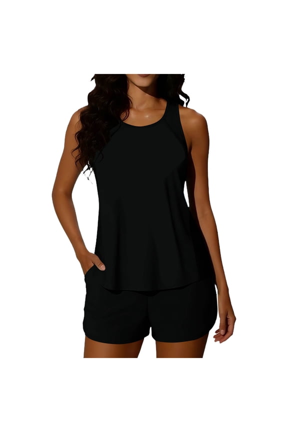 Women's Sporty Shorts Swimsuit Two Piece Tummy Control Bathing Suits Casual Modest Plain Swimwear Set Black,XL