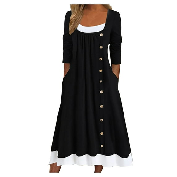 FAVIPT Women's Spring Long Sleeve Maxi Dresses 2024 Casual Crew Neck Side Button Ruched Tiered Flowy A Line Wedding Guest Dress Black,S
