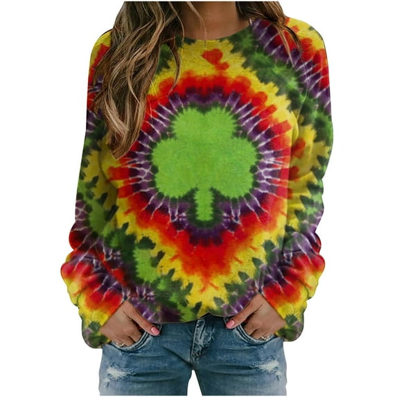 FAVIPT Women's St Patrick's Day T Shirts Tie Dye Irish Clover Long Sleeve Sweatshirt Shamrock Crewneck Tops Pullover Blouses Clearance Sale 2025 Green,L