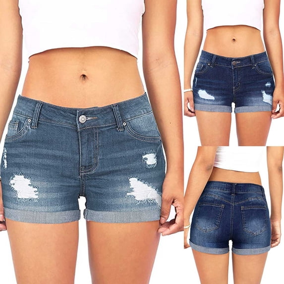 FAVIPT Women's Stretchy Denim Shorts Mid Rise Ripped Folded Hem Casual Slimming Bottoms Navy,L