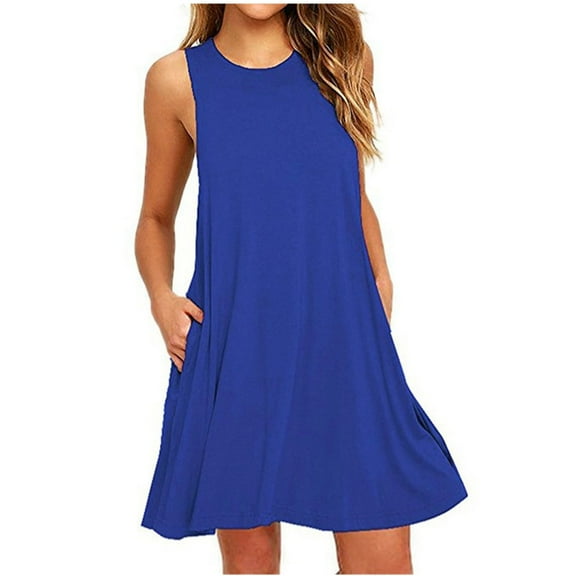 FAVIPT Women's Summer Dresses 2025 Beach Cover up Casual Sleeveless Cute Solid Color Tank Dress Crew Neck Loose Above Knee Sundress with Pocket Blue,XXL