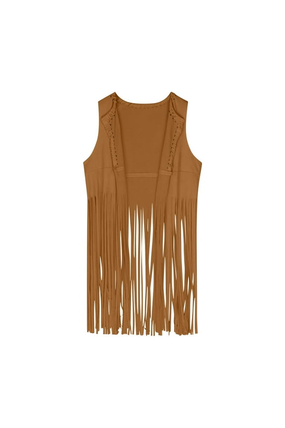 Women's Tassel Sleeveless Vest Faux Suede Plain Ethnic Cardigans Hippie Western Fringe Cowgirl Outfits 2025 Brown,XS