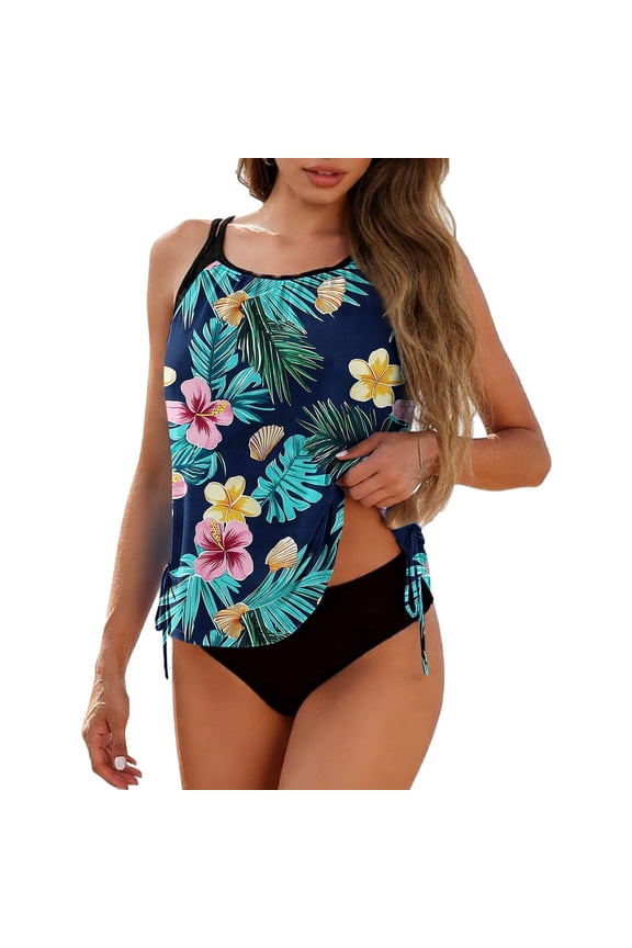 Women's Two Piece Tummy Control Swimsuit Ruched Tankini Top Drawstring Swimwear with Bottom Mint Green,S