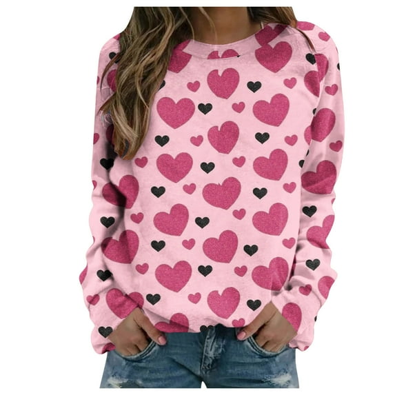 FAVIPT Women's Valentine's Day Crewneck Pullover Shirts Women Long Sleeve Love Heart Sweatshirts Graphic Lover Gift Mother’s Day 2025 Pink,S
