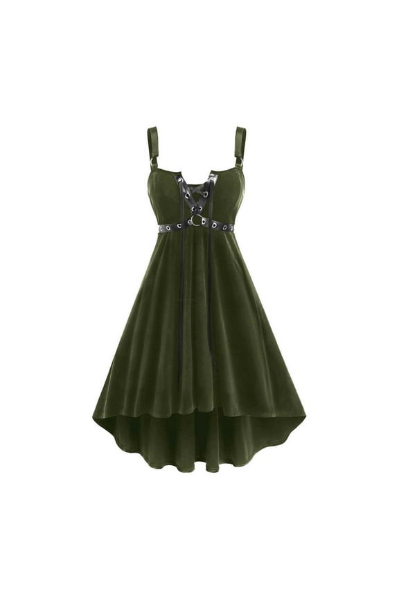 Women's Velvet Dress Halloween Gothic Vintage Sleeveless Costume Lace Up Grommets High Low Dresses Plain Corset Midi Dress 2025 Army Green,S
