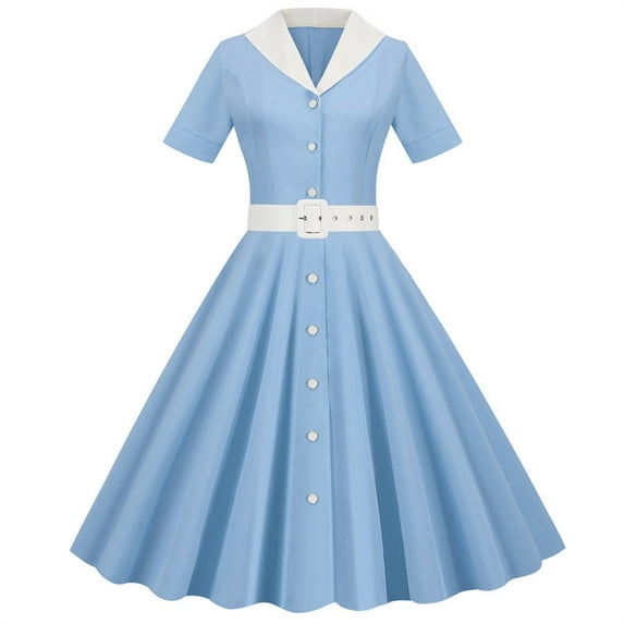FAVIPT Womens 1950s Cape Collar Vintage Swing Stretchy Dresses,Retro Dresses for Women Vintage Cocktail Cape Collar Button Swing Stretchy Dresses With Belts