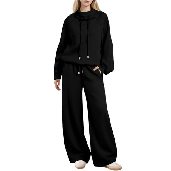 FAVIPT Womens 2 Piece Sweatsuits Sets Fall Fashion 2025 Outfits Athletic Jogger Lounge Baggy Tracksuit Turtleneck Pullover Pant with Pockets Black,XL