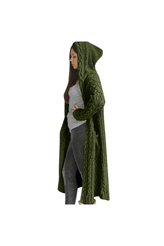 Womens 2025 Long Hooded Cardigans Chunky Cable Knit Thick Sweater Coat Knitted Open Front Cardigan Jacket Outerwear Green,L