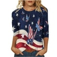 thumbnail image 1 of FAVIPT Womens 3/4 Sleeve Tops American Flag Shirts Independence Day Patriotic Round Neck Tee Tops USA Flag Stars Stripes Blouse 2024 Dark Blue,L, 1 of 4