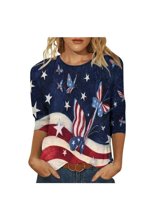 Womens 3/4 Sleeve Tops American Flag Shirts Independence Day Patriotic Round Neck Tee Tops USA Flag Stars Stripes Blouse 2024 Dark Blue,L
