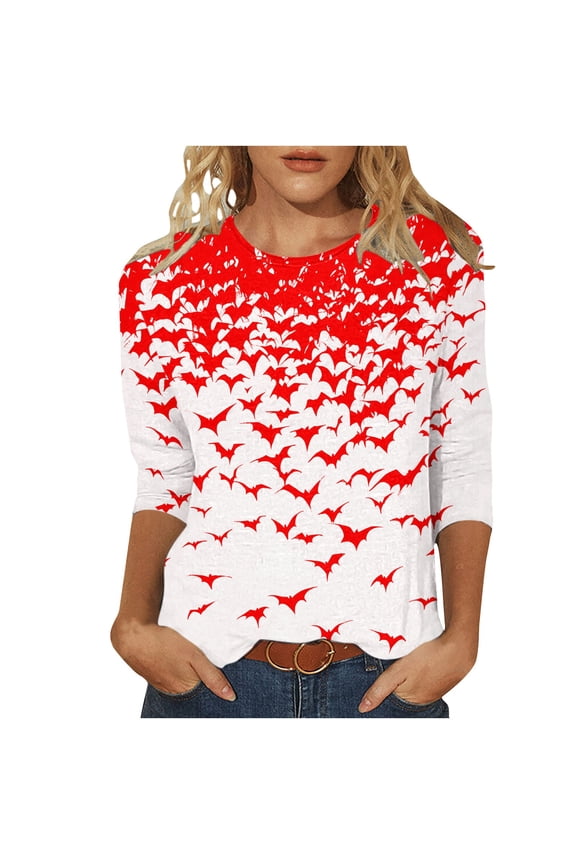Womens 3/4 Sleeve Tops Halloween Day Bat Graphic Print Blouses Crew Neck Basic Loose Fit Tees Casual Trendy Fall 2025 Tops Red,XL