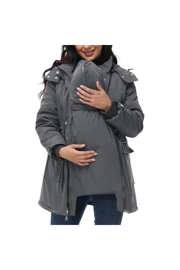 Womens 3 in 1 Maternity Coat Puffer Down Thermal Cozy Jackets Thickened Quilted Winter Hooded Outerwear with Pockets Dark Gray,XL