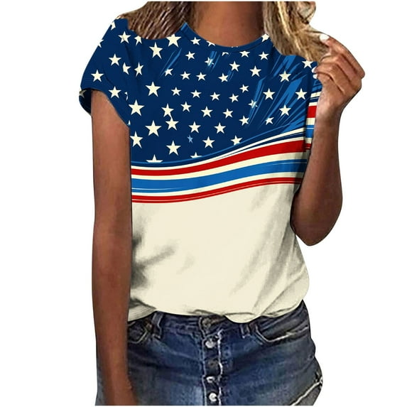 FAVIPT Womens American Flag T Shirt 4th of July Stars and Stripes Print Tops Short Sleeve Crew Neck Blouses Casual Summer 2025 Tees Multicolor,XXL