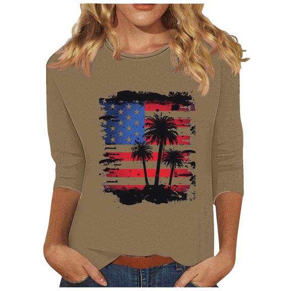 FAVIPT Womens American Flag Tops Red Blue and White Tie Dye Print Tees 3/4 Sleeve Crew Neck Blouses Casual Trendy Summer 2025 T Shirt Khaki,M