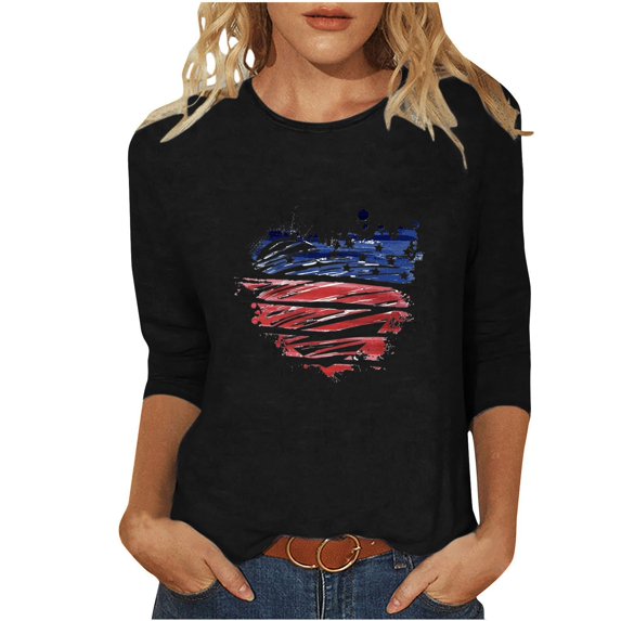 FAVIPT Womens American Tops 3/4 Sleeve Round Neck Tunic Tees 4th of July American Flag Print Blouses Casual Fashion Comfy Shirts Black,L